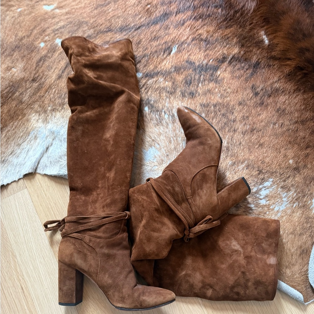 Aquazurra brown suede knee-high almond toe boots